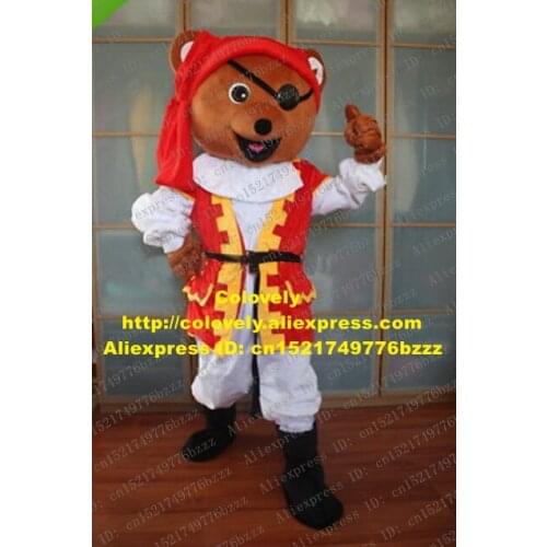 Lively Brown Pirate Bear Mascot Costume Mascotte With Long Red Yellow Jacket White Dress Black Shoes Adult No.935 Free Shipping