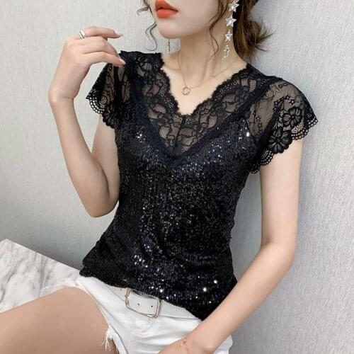 Lace Mesh Stitching Womens T-shirt Summer Korean V-Neck Sequins Casual Short Sleeve Oversized Female Tee Sexy Party Girl Tops