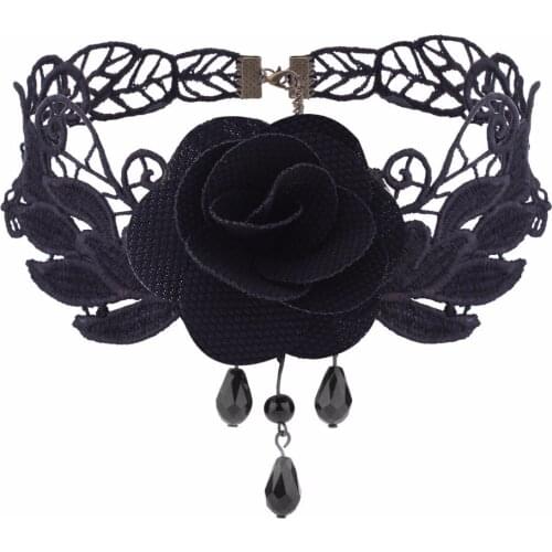 Fashion Women Retro Gothic Black Red Flower Lace Necklace Collar Choker, Elegant Water Drop Pendants Necklace For Women