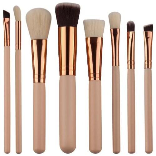 Top quality skin color 8pcs makeup brushes set wooden handle with Bronze aluminum tube and nylon wool
