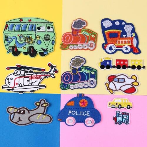 Bus Car Cartoon Patches Embroidered Clothing Stripes Excavator Badges Iron on Appliques Excavator Stickers for Children Clothes