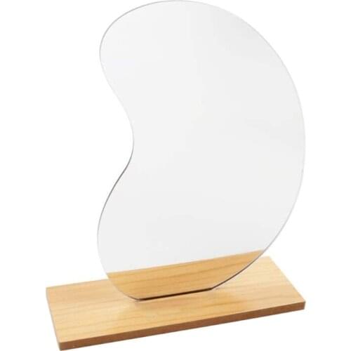 E56C Irregular Frameless Acrylic Makeup Mirror with Wooden Stand Desk Tabletop Decor