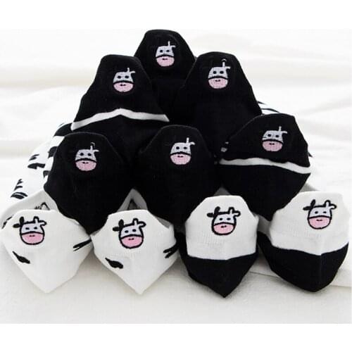 Black and white embroidery socks female ins tide socks shallow mouth summer cartoon cow cute striped boat socks