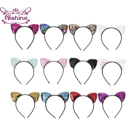 Nishine Glitter Can Flip Sequins Cat Ear Girl Hair Band Hair Hoop Kids Women Cat Ear Hair Bands Halloween Headdress Gifts