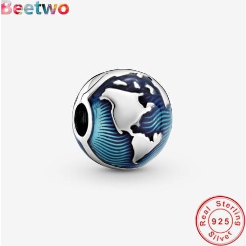 925 Sterling Silver Fit Original Pandora Bracelet Charms Blue Globe Clip Charm Bead DIY Jewelry Berloque