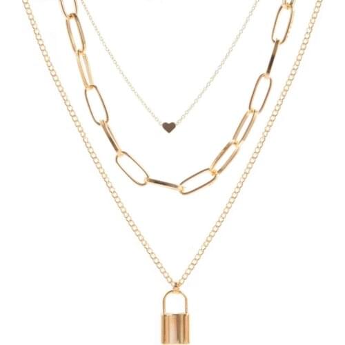 Punk Style 3 Layered Chains with Cute Heart and Lock Pendants Fashion Women`s Necklace Love Jewelry