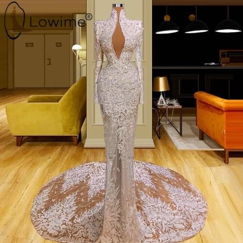 Dubai Ivory Lace Mermaid Wedding Dresses 2021 Long Sleeve Muslim High Neck Bridal Gowns Pearls Vestidos De Novias Custom Made