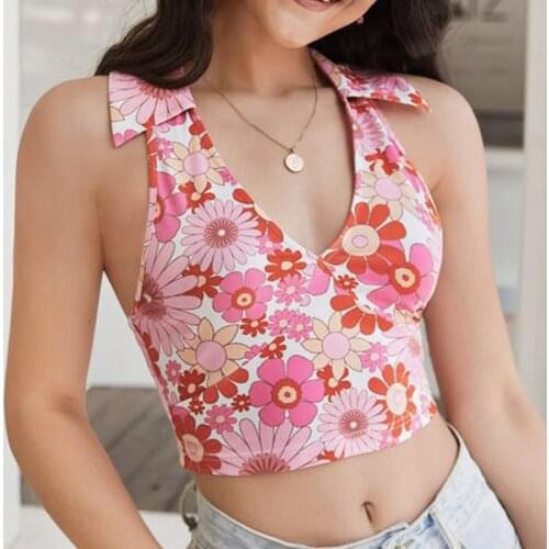 Women Lapel Stretchable Crop Tank Tops Female Sleeveless Halter Neck Floral Print Slim Fit Camisole