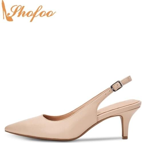 Nude Slingback Pumps Med Kitten Heels Women Pointed Toe Buckle Large Size 13 16 Ladies Summer Fashion Office Mature Shoes Shofoo