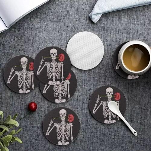 Upetstory Funny Skeleton Cup Holders Black Rose Drink Coasters for Table Kitchen Insulation Coffee Tea Cup Mug Mat Placemats