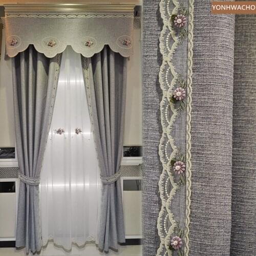 Custom curtain Light luxury modern cotton linen high precision gray solid cloth blackout curtain valance tulle panel C258