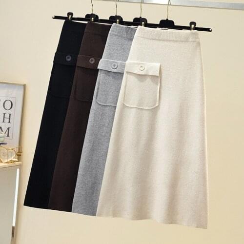 High-waisted women casual a-line skirt For autumn winter new Korean casual pocket solid color mid-length knitted wool skirt