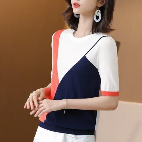 Women T Shirts 2021 Summer Casual Knitted Short Sleeve Pullover Tees Korean Simple Patchwork O Neck Loose Wild Thin Tops X208