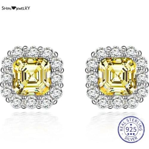 Shipei 925 Sterling Silver Asscher Cut Created Moissanite Pink Sapphire Gemstone Earrings Studs Wedding Engagement Fine Jewelry