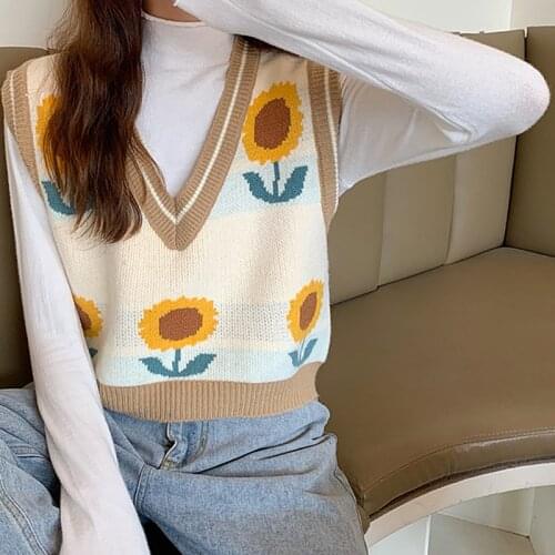 Women Sweater Knitted Korean Fashion Sunflower Jacquard Long Sleeve Cropped Sweater Preppy Style Kawaii O-neck Female Vest