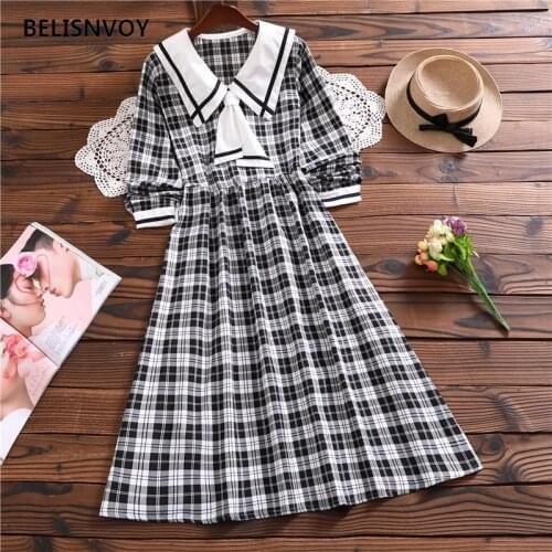 Japanese Mori Girl Autumn Spring Women Plaid Dress Sailor Collar Bow Sashes Vestidos Long Sleeve Vintage Preppy Style Dresses