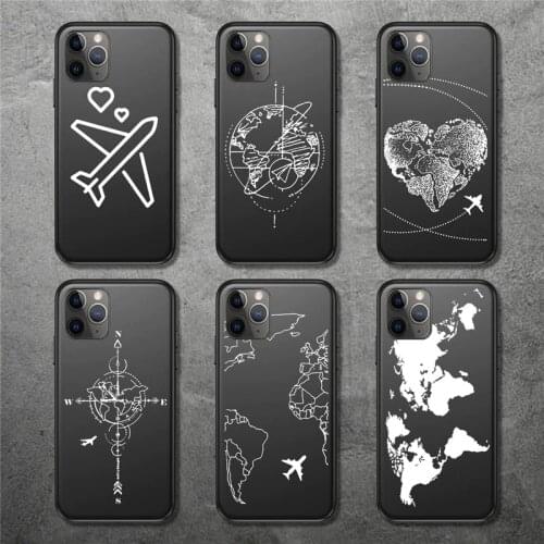 Ottwn Soild Black Cartoon Globe Plane Map Phone Case For iPhone 11 12 Pro X XR XS Max SE2020 7 8 Plus 6 6s 5 Shockproof Soft TPU
