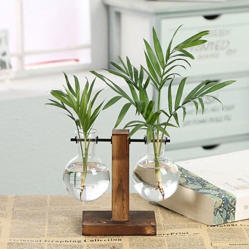 25# Desktop Glass Planter Bulb Clear Retro Vase Ваза Wooden Stand Hydroponics Plants Container Gardening Flower Pot Macetero