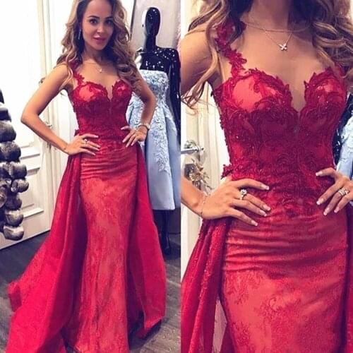 Elegant Evening Dresses Sleeveless Lace Appliques Prom Gowns 2020 Custom Made Detachable Train Mermaid Special Occasion Dress