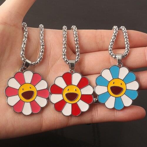 Harajuku Streetwear Smiley Sunflower Necklace Pendant Fashion Sun Flower Daisy Choker For Women Men Jewelry Dropshipping
