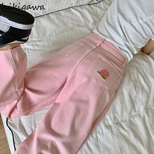 Hikigawa Pink Jeans for Women 2021 Summer Thin Slim Wide Leg Pants Embroidery High Waist Straight Trousers Korean New Bottoms