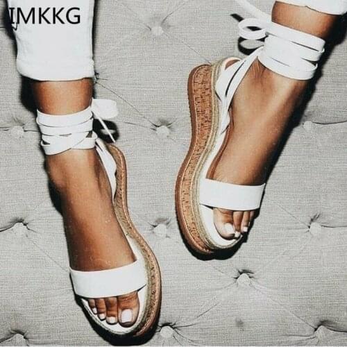 IMKKG Summer White Wedge Espadrilles Women Sandals Open Toe Gladiator Sandals Women Casual Lace Up Women Platform Sandals m364
