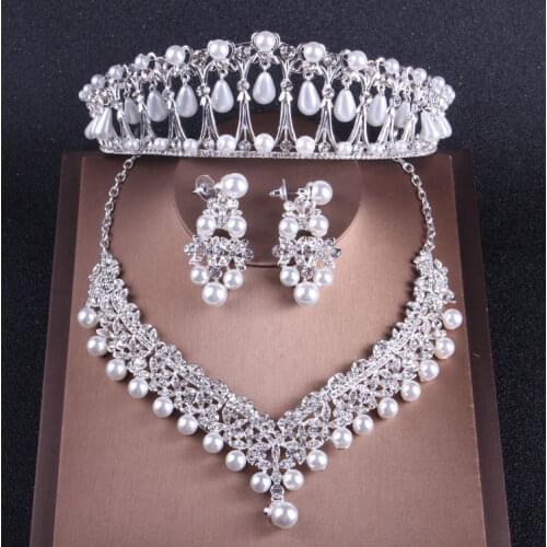 Baroque Luxury Crystal Pearl Costume Jewelry Sets Rhinestone Choker Necklace Earrings Tiara Wedding African Beads Jewelry Set