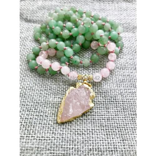 Crystal Arrow Necklace Hand Knot Long Boho Necklace 108 Mala Necklace Arrow Aventurine Stone Necklace