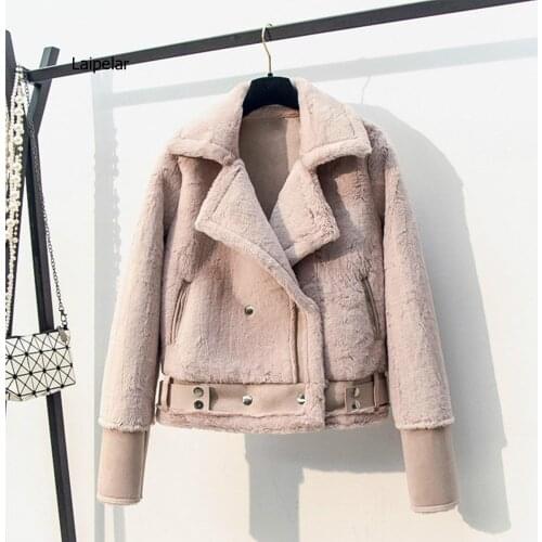 Winter Women Faux Lamb Leather Jacket Turndown Collar Zipper Punk Loose Overcoat Female Warm Thick with Belt Plush Outerwear