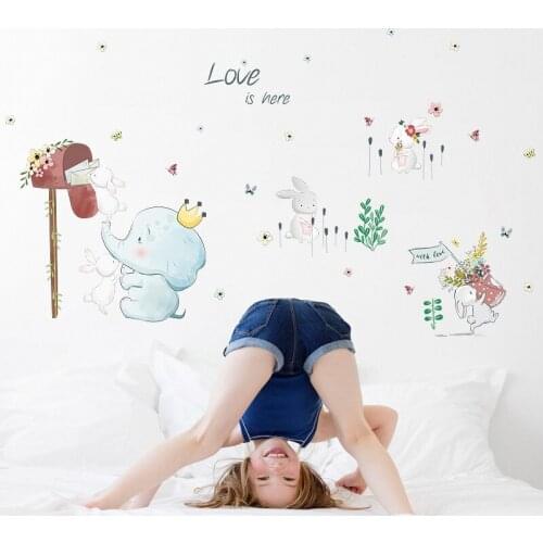 Cute Rabbit Elephant Postman Wall Sticker Vinyl Self Adhesive Wallpaper DIY Decal For Kids Room Nursery Home Decorative Mural