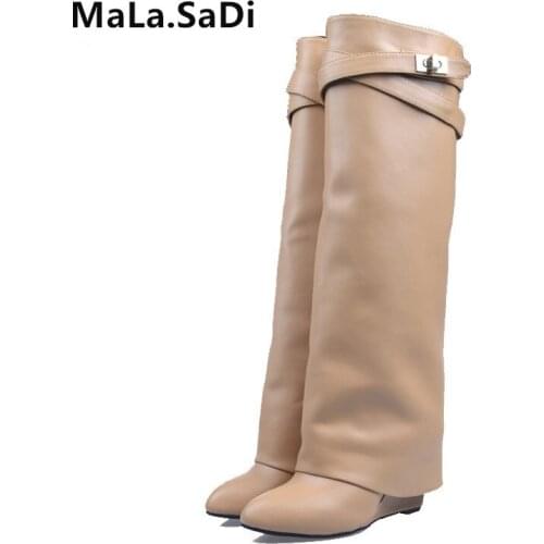 Fashion Women Genuine Leather Wedge Knee High Boots Silver Metal Shark Lock Belt Layer Shoes High Heels Knight Boots Size 35-42