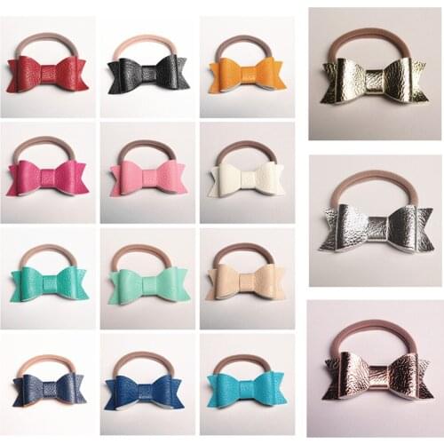 New PU Leather Hair Bows 30pcs/lot Elastic Hair Bands Shinning Synthetic Leather Hair Ties Top Quality 15 Colors Kids Rose Gold