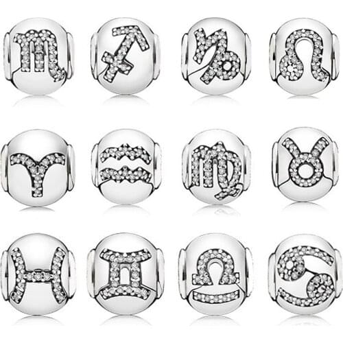 New Fine Essence Style Charm 925 Sterling Silver Twelve Constellation Small hole Charms beads Fit Thin Bracelets Bangle DIY Gfit