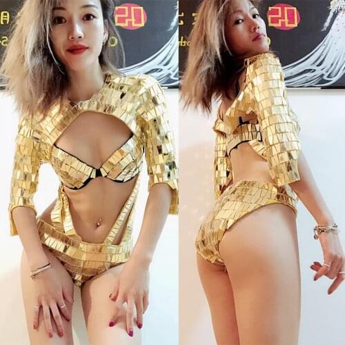 New Gold Stage Costume Women Sexy Body Suit ds GoGo Dance Nightclub Mirror Jumpsuit Singer GoGo Dancer Perform dj Costume VDB674