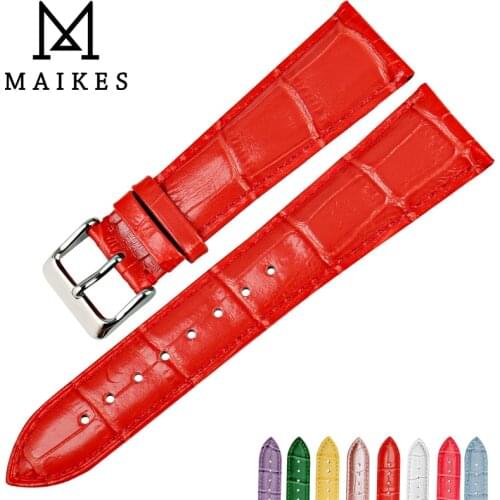 MAIKES High Quality Colorful 12mm-20mm Watch Bands Slub pattern Bright Red Watchbands Genuine Thin Leather Watch Strap Bracelets