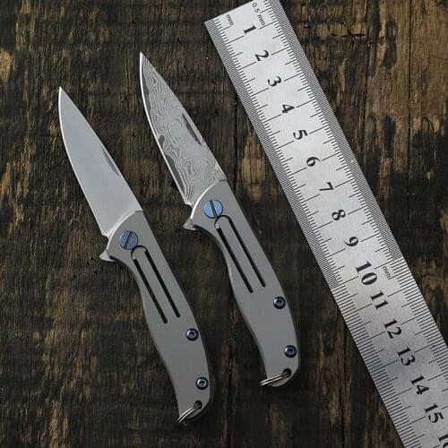 Outdoor mini small titanium handle pocket knife D2 blade and Damascus steel folding knife camping cutting survival EDC tool