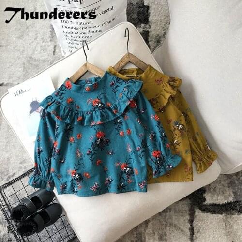 Thunderers Casual Girl Shirt Floral Printed Children Spring Autumn Blouses Tops Cute Cotton Girl Shirt Kids Baby Clothes 3T-7T