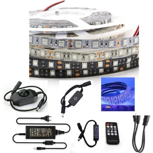 UV LED Strip Light 5050 SMD 60leds/M 395-405nm Flexible Tape lamp+DC Connector+Touch/Switch/Control/Remote Dimmer+power adapter