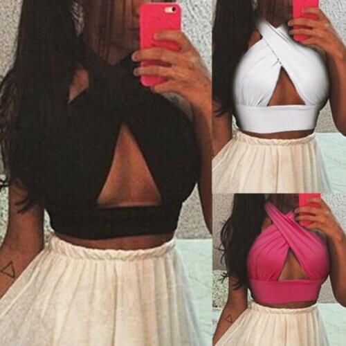 Halter Neck Sleeveless Crop Top Women Sexy Strappy Cross Over Front Cut Out Bandage Vest Female Clothes Summer Tops Black White