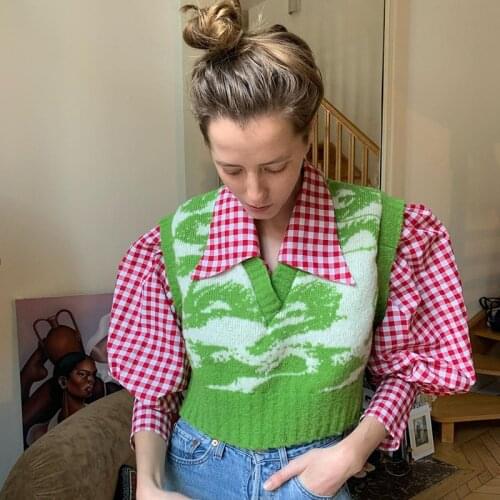 Vintage V Neck Green Sweater Vest Pattern Y2K Cropped Autumn Pullovers 2000s Aesthetic Knitted Sweaters Split Clothes