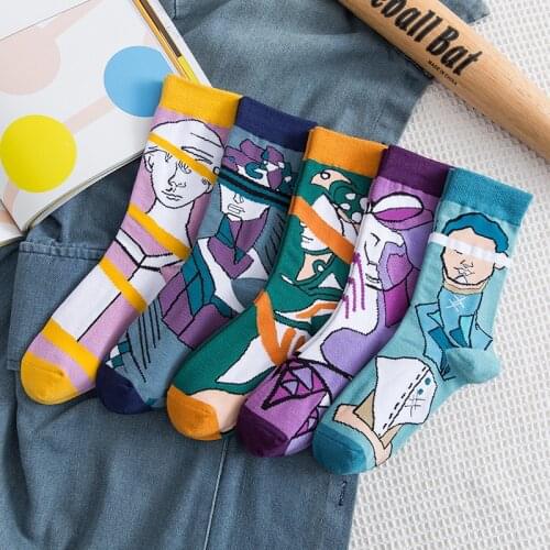 PEONFLY Women Cartoon Character Cotton Socks Art Female Abstract Pattern Short Cute Socks Hipster Fashion Print Couple Socks