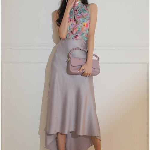 ZAWFL OL Womens Sets Printed Sleeveless Stand Neck Blouse Shirt High Waist Pencil Midi Skirt Two Piece Office Suit Dress