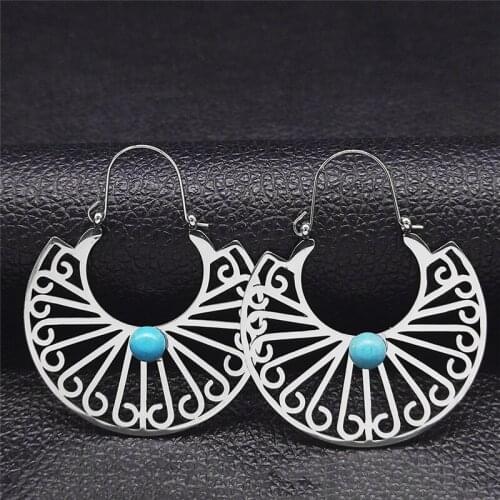 GIndia Flower Stone Stainless Steel Hoop Earrings Women Silver Color Boho Round Earings Jewelry pendientes mujer aros E9208S04