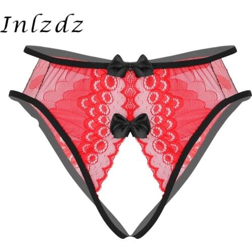Womens Lingerie Open Butt Underwear Floral Lace Crotchless Briefs Panties Bowknot Decor Thongs Underpants Nightwear