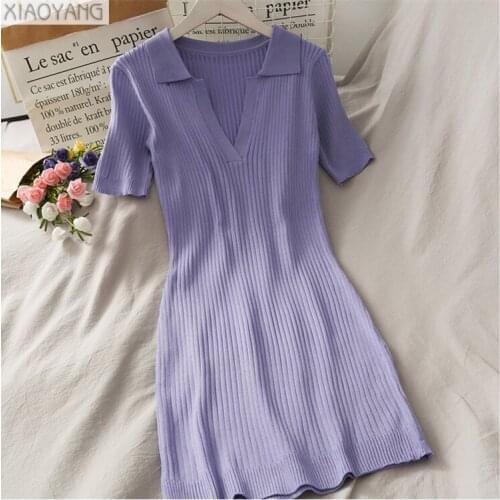 Fashion Knitted Summer Women Dress Sexy V-Neck Turn-Down Collar Short Sleeve Slim Female Vestidos LN32