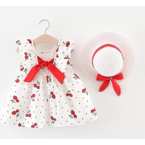 2Pcs/set Summer Baby Dress Cotton Cherry Print Bow Dress With Hat Outfits Princess Party Dress Baby Girl Clothes For 0-3T