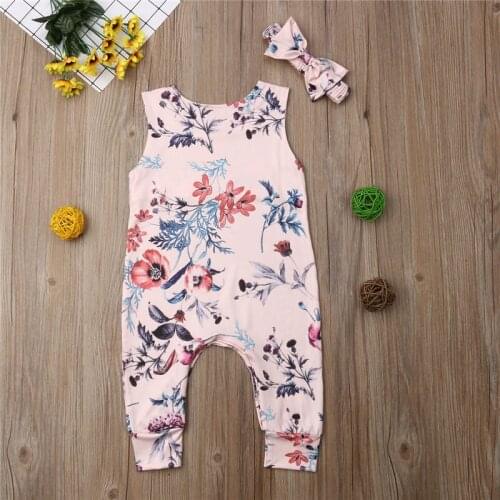 Toddler Girl Baby Romper Infant Floral Jumpsuit Kid Sleeveless Romper Bowknot Headband 3pcs Baby Clothing Set 0-24M