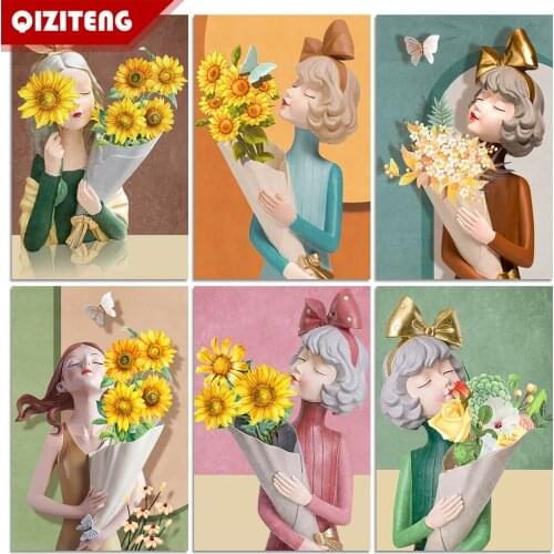 QIZITENG 5d Diy Diamond Mosaic Girl Holding Flowers Picture Full Square/round Rhinestone Embroidery Home Decoration Craft Kit