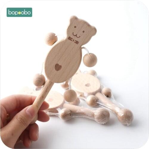 Bopoobo 1PC Baby Gift Wood Bear Rattle Teething Wooden Beads Can Chew Toy Play Gym Montessori Toys Baby Rattles Original Teether