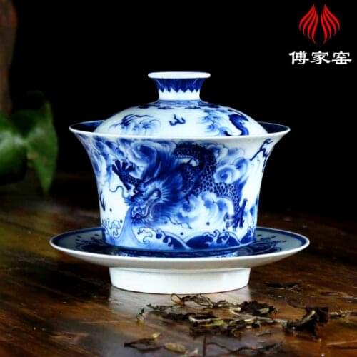 Fujiayao Sancai Bowl Blue and white hand painted chaiyao Jingdezhen Ceramic Tea Ware Kungfu cup large and small
